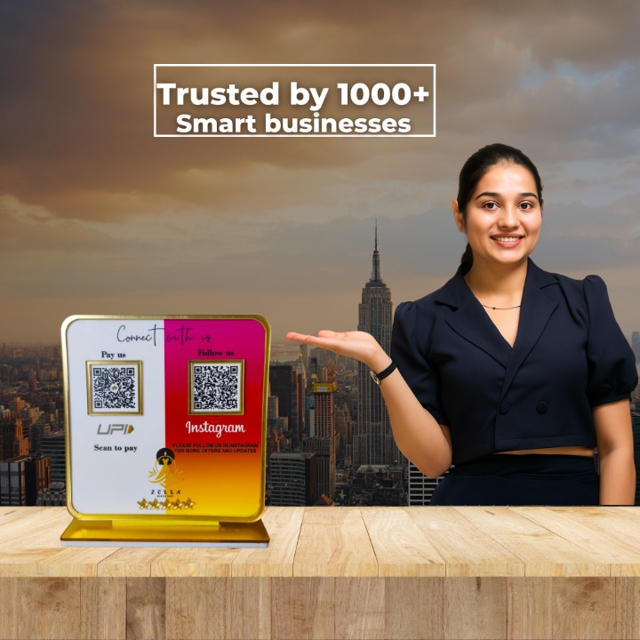 2 QR NFC Enabled Golden Border Colorful Countertop Standee for Shops Cafes Clinics & Offices