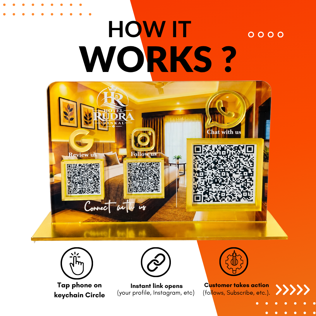 3 QR NFC Enabled Golden Printed Standee For Hotel Showroom And Cafe