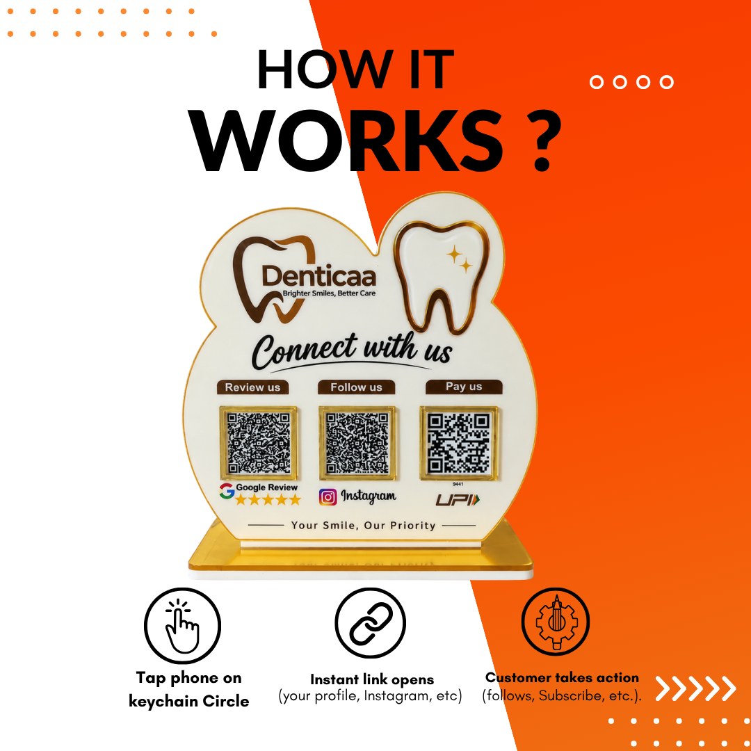 3 QR NFC Enabled Teeth Cut Out Round Shape Standee For Dental Clinic