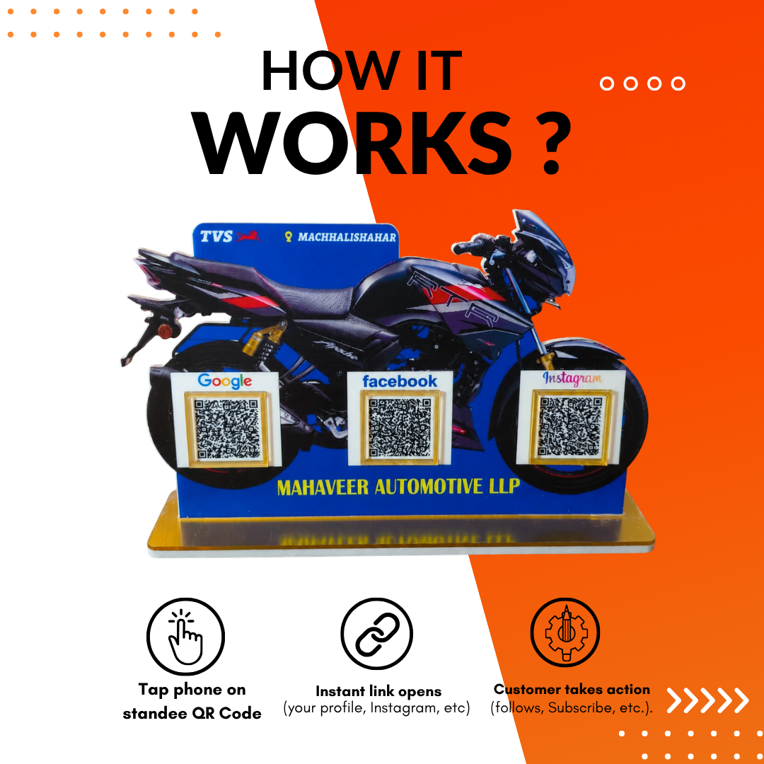 3 QR NFC Enabled Bike Shape Standee For Automobiles and Garage Shops and Car Showrooms
