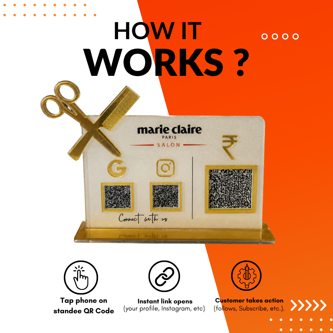 3 QR NFC Enabled Horizontal Standee with Scissor Cutout For Salon and spa