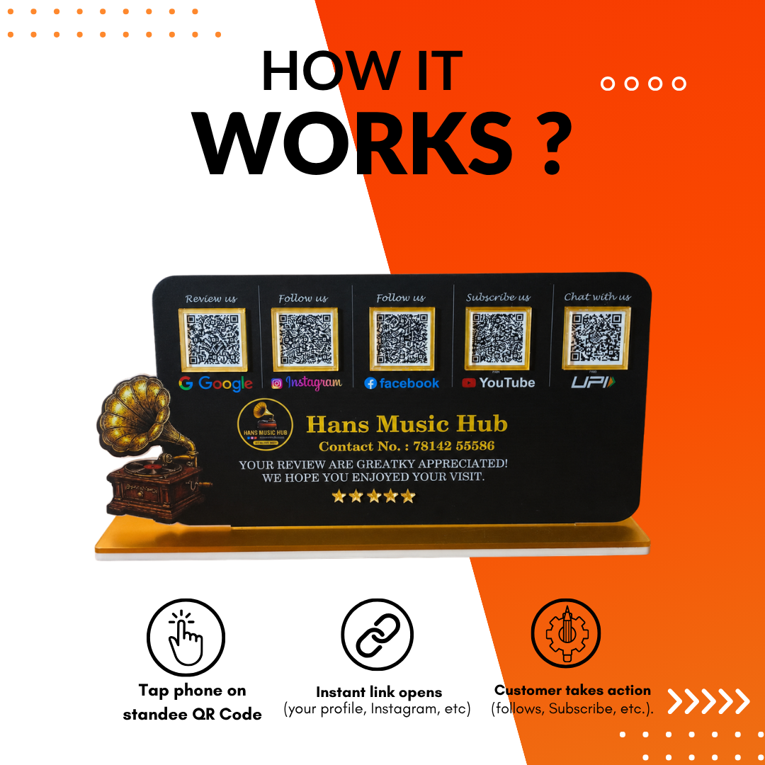 5 QR NFC Enabled Gramophone Cut Out Black Colour Horizontal Standee For Music Hub and Music Stores