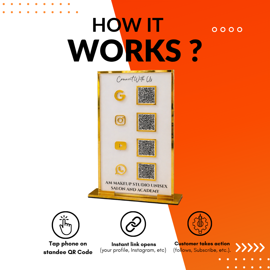 4 QR NFC Enabled White Colour Vertical Standee With Golden Border NFC Enabled For Salon and spa