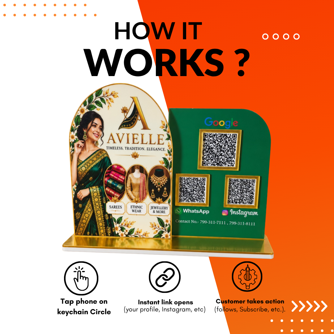 3 QR NFC Enabled Green & Gold Dual Panel Standee for Boutique & Saree Store.