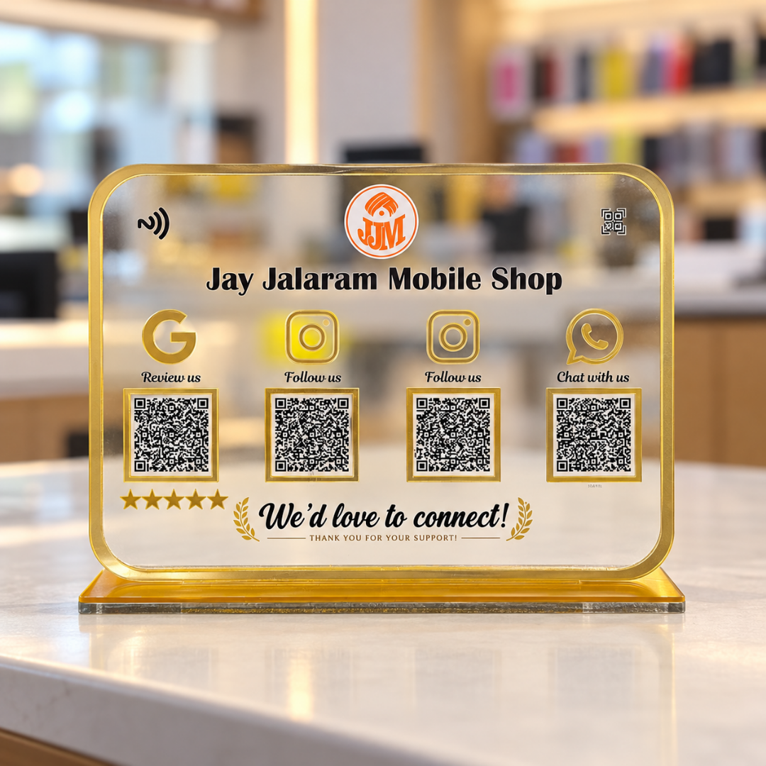 4 QR NFC Enabled Premium Transparent Acrylic Standee with Golden Border for Mobile Shops & Electronics Stores