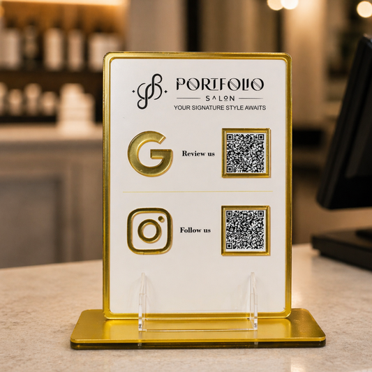 2 QR NFC Enabled Golden Border Standee With Card Stande for Shops Cafes Clinics & Offices