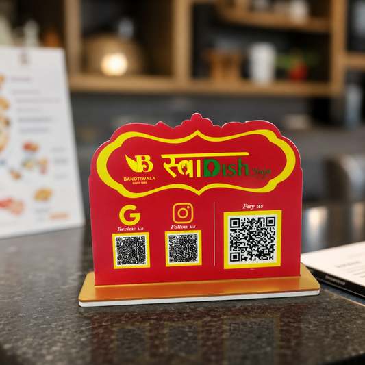 3 QR NFC Enabled Red Color Horizontal Standee For Restaurent Cafe Hotel