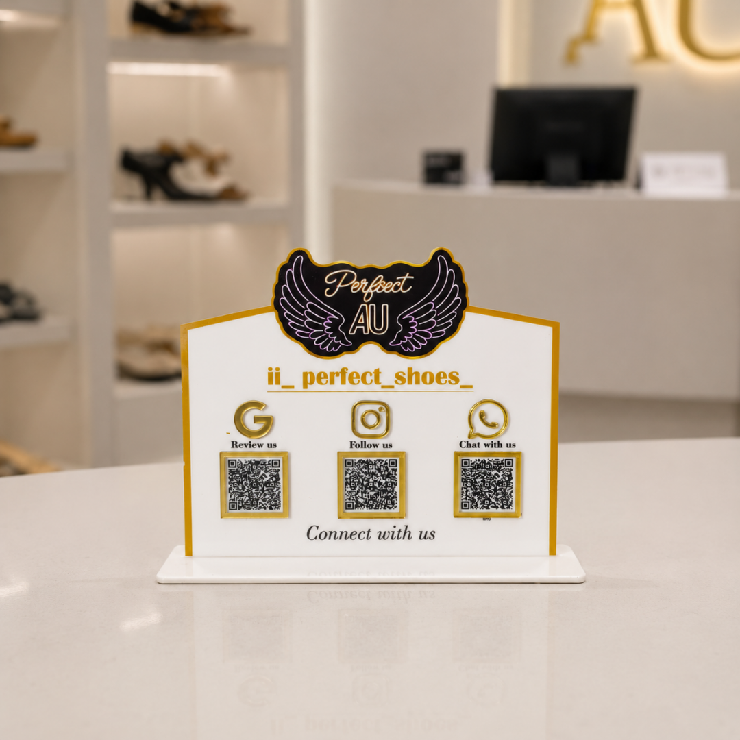 3 QR NFC Enabled White Color Logo Cut Out Standee For Shoe Store Showrooms