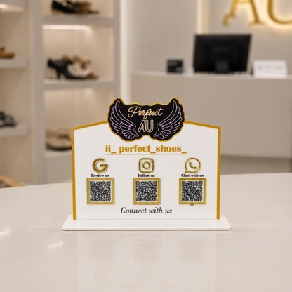 3 QR NFC Enabled White Color Logo Cut Out Standee For Shoe Store Showrooms
