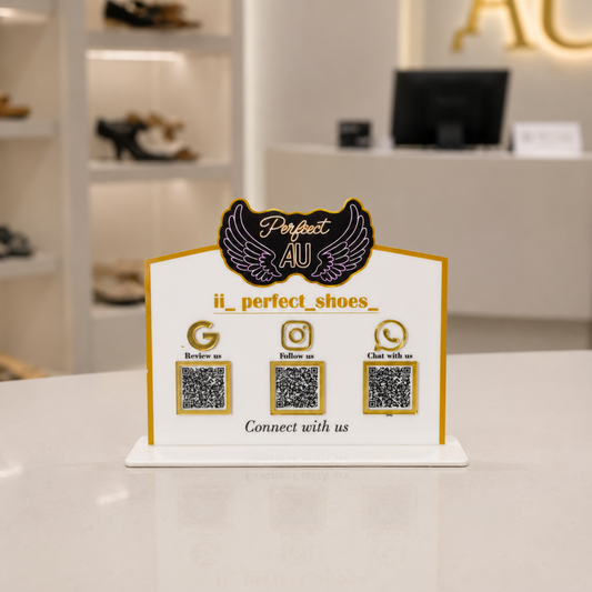 3 QR NFC Enabled White Color Logo Cut Out Standee For Shoe Store Showrooms