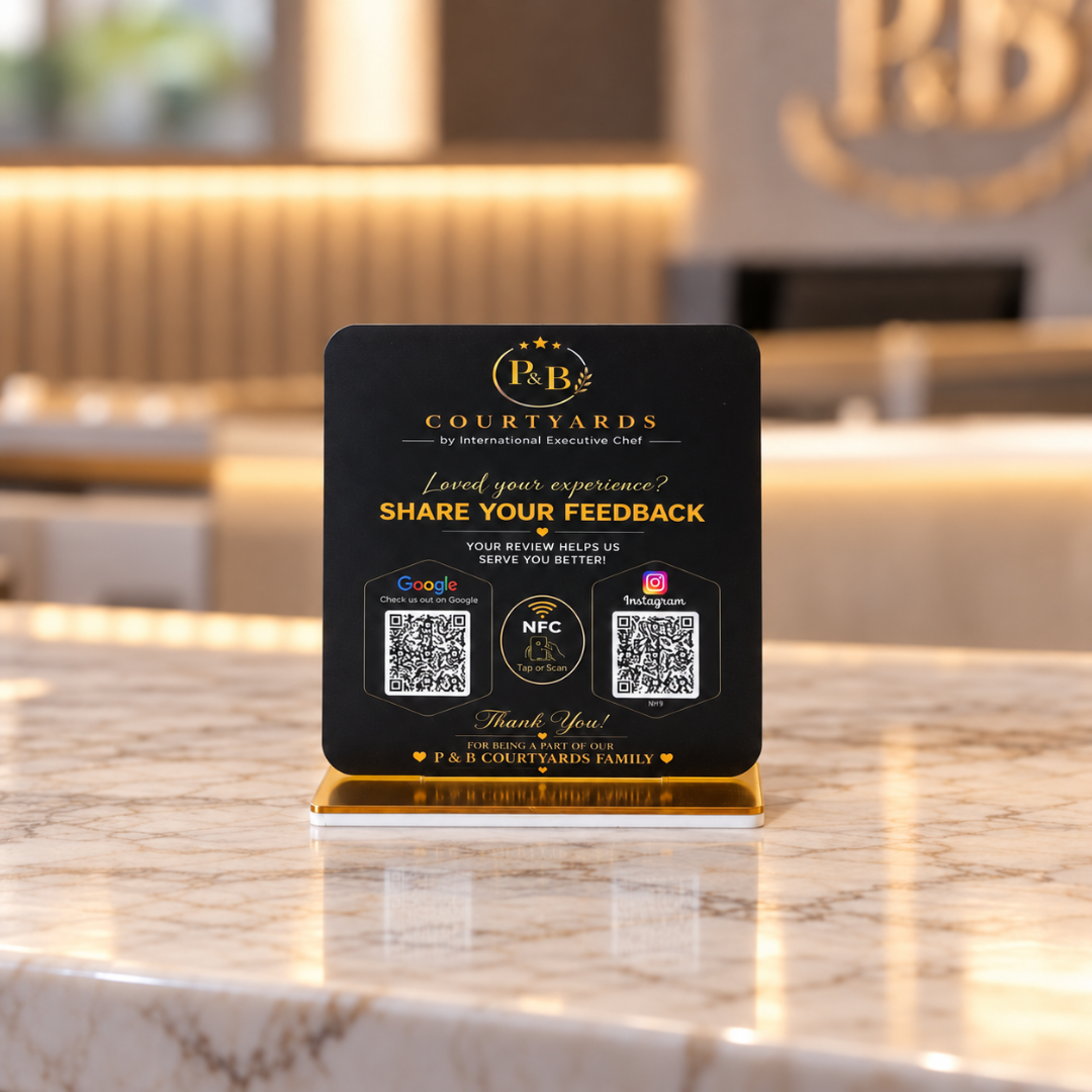 2 QR NFC Enabled Black Background Standee For Restaurant Salon