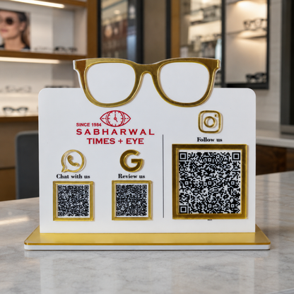 3 QR NFC Enabled Glasses Cut Out White Colour Standee for Optical and Eye Clinic