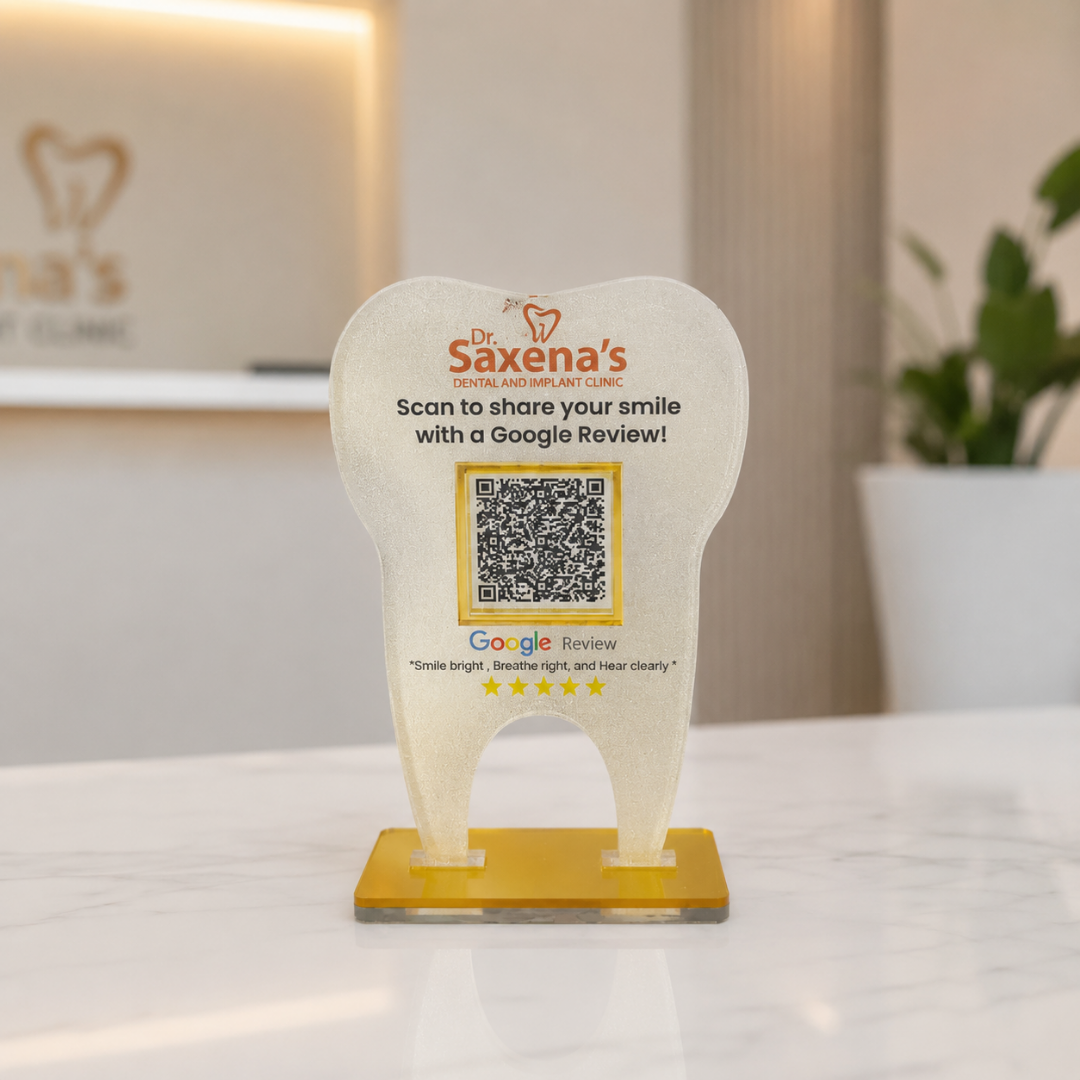 1 QR NFC Enabled Frosted Tooth Shape Standee For Dental Clinic and Hospital