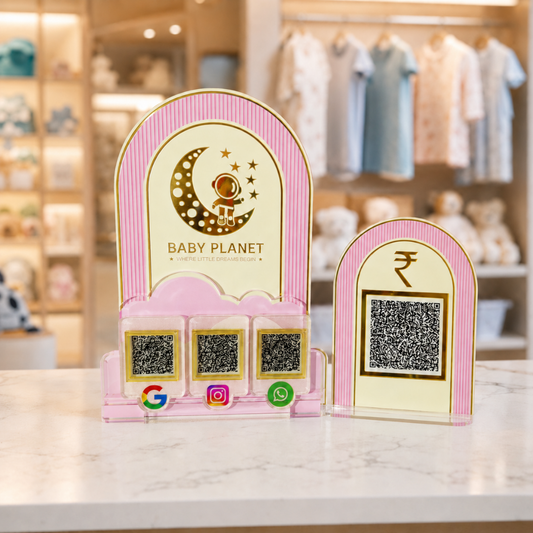 4 QR NFC Enabled Round Shape Pink Colour Standee For Baby Shops