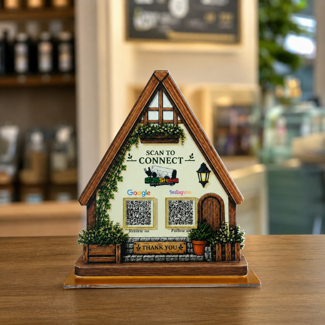 2 QR NFC Enabled House Shape Standee For Cafe Restaurent Stay Home
