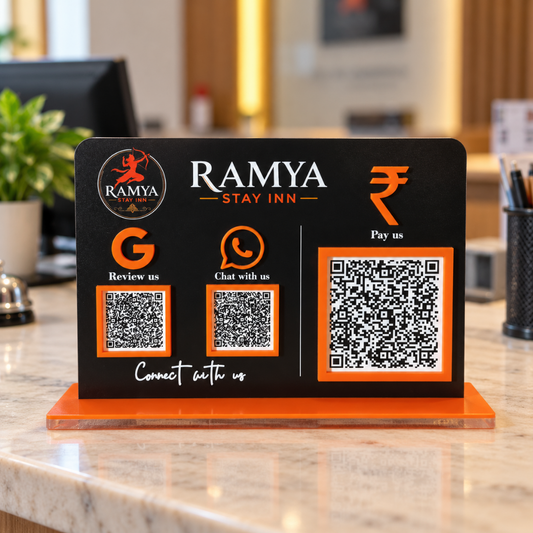 3 QR NFC Enabled Premium Black & Orange Payment Standee for Hotels & Restaurants