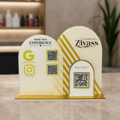 3 QR NFC Enabled Round Shape With Logo Cut Out Frosted Standee For Salon Decor Spa Hotel
