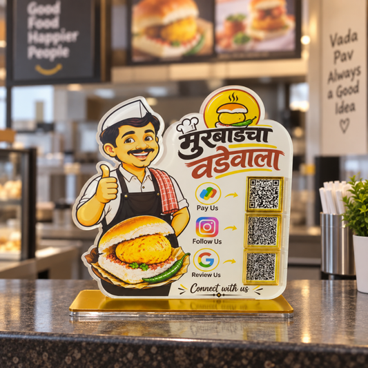 3 QR NFC Enabled Vada Pav Cut Out Standee For Restaurant Cafe