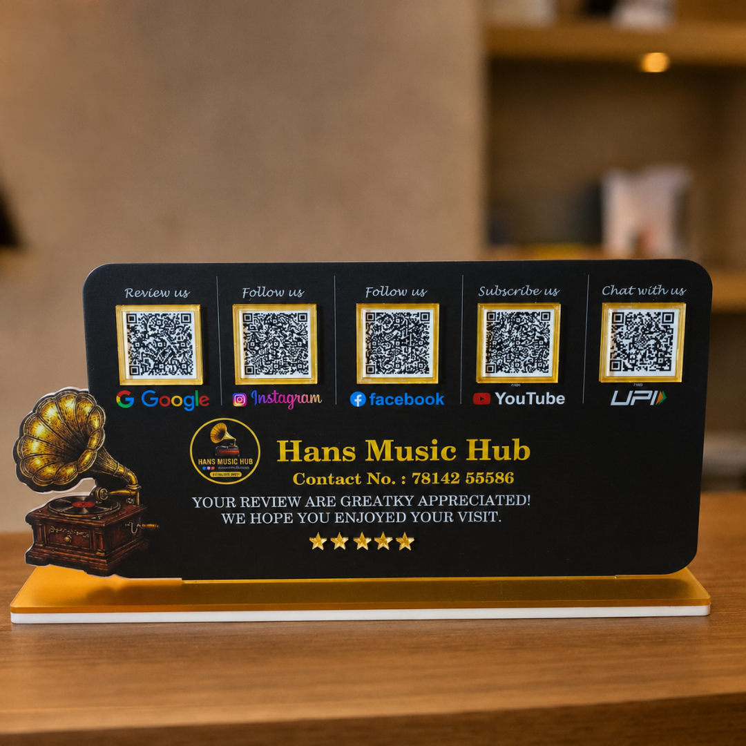 5 QR NFC Enabled Gramophone Cut Out Black Colour Horizontal Standee For Music Hub and Music Stores