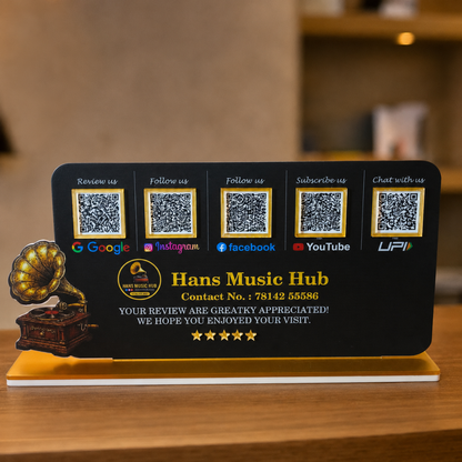 5 QR NFC Enabled Gramophone Cut Out Black Colour Horizontal Standee For Music Hub and Music Stores