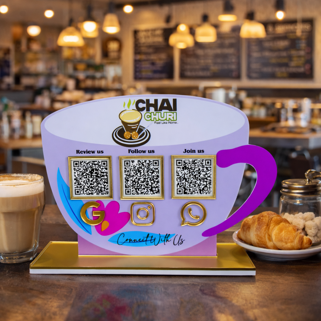 3 QR NFC Enabled Cup Shape Standee for Cafe Tea & Coffee Shop – Bharattapp