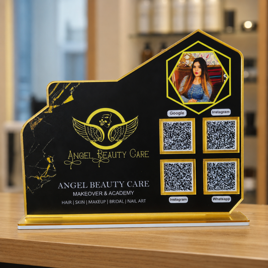 4 QR NFC Enabled Black Colour Standee With Photo Printed For Salon and Spa