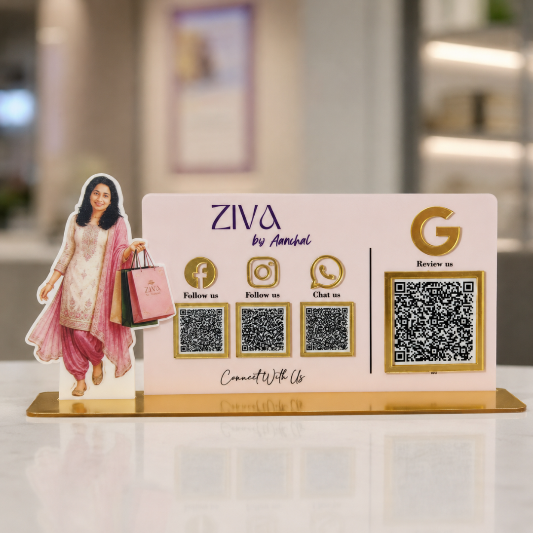4 QR NFC Enabled Horizontal Girl Cut Out Standee For Cloth Store and Shop