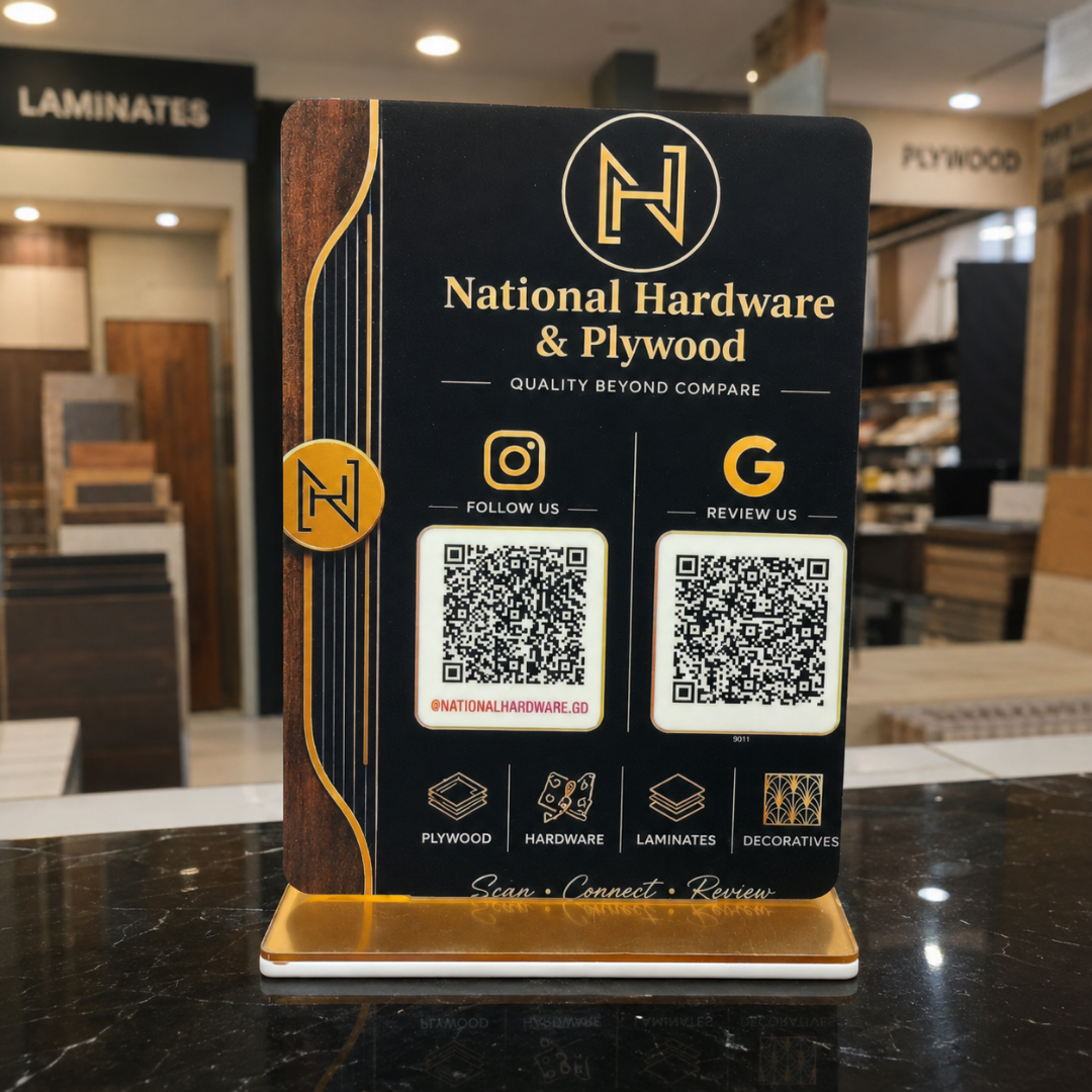 2 QR NFC Enabled Plywood Printed Standee For Furniture and Plywood Showroom