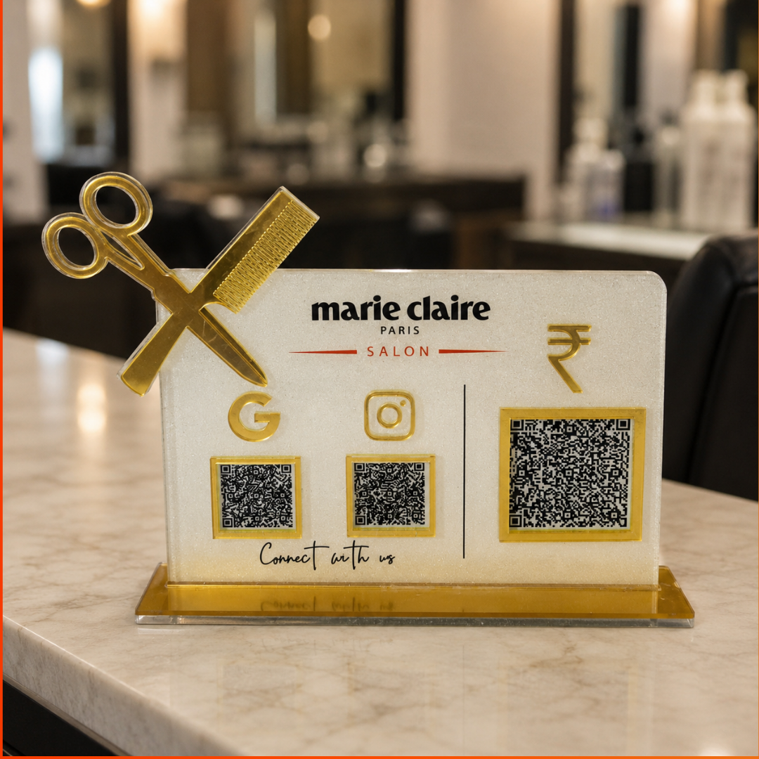 3 QR NFC Enabled Horizontal Standee with Scissor Cutout For Salon and spa