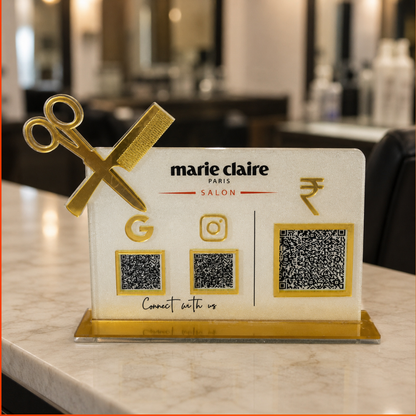 3 QR NFC Enabled Horizontal Standee with Scissor Cutout For Salon and spa