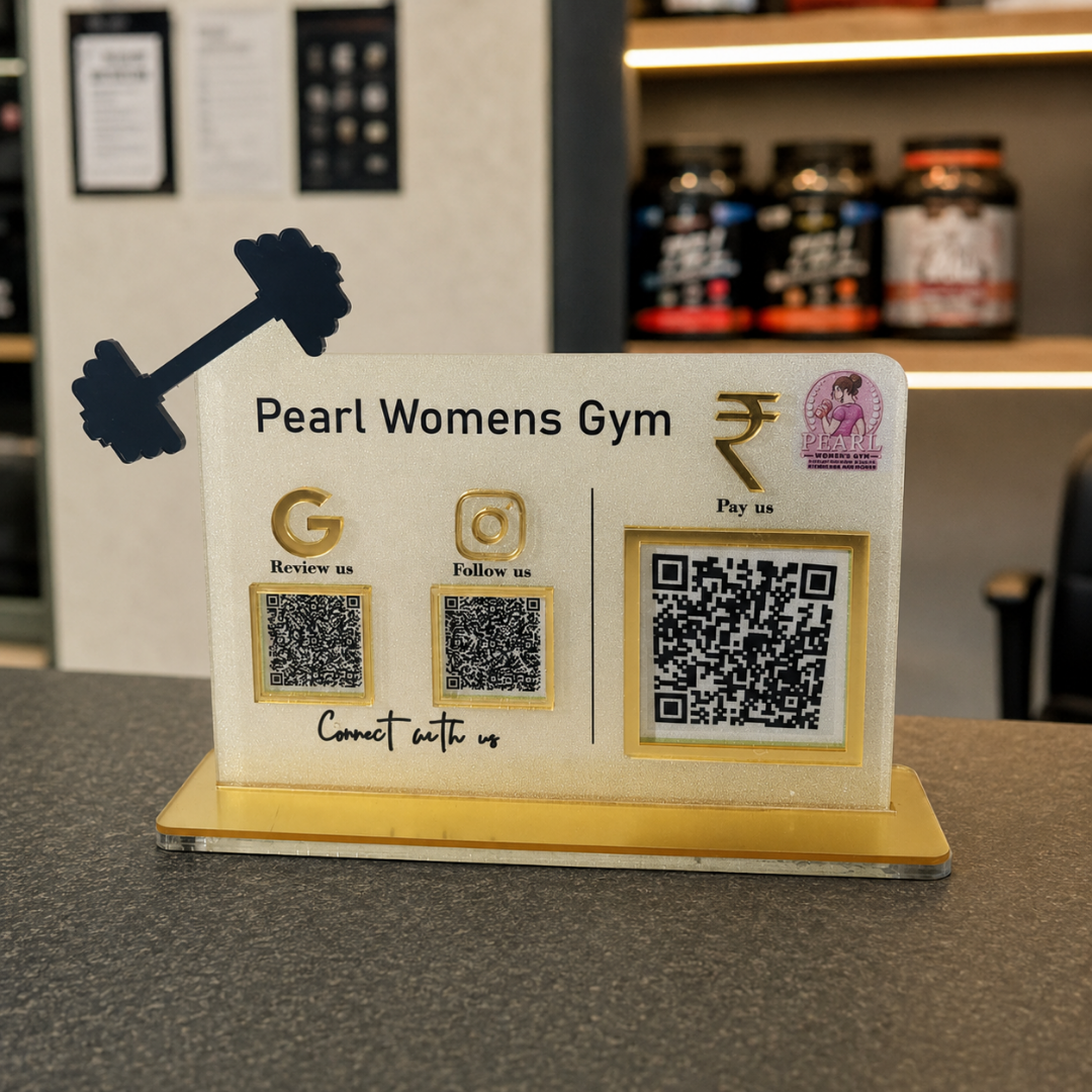 3 QR NFC Enabled Dumble Cut Out Frosted Standee For GYM and Fitness Center