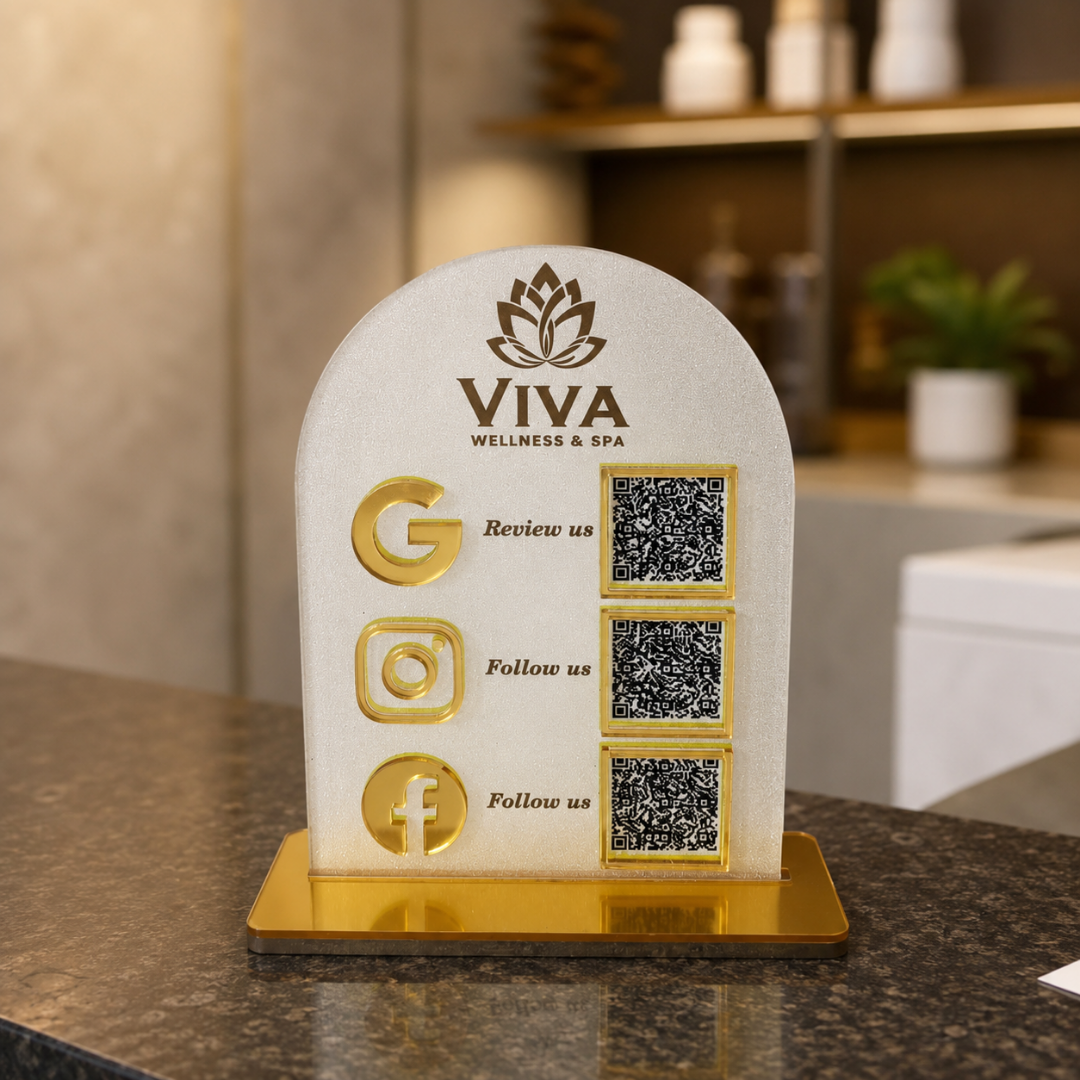 3 QR NFC Enabled Frosted Vertical Standee For Jewellers Salon Spa