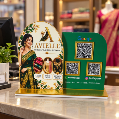 3 QR NFC Enabled Green & Gold Dual Panel Standee for Boutique & Saree Store.