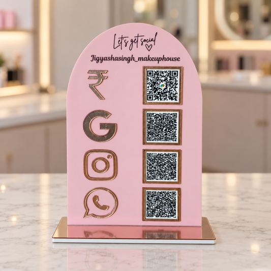 4 QR NFC Enabled Vertical Round Shape Light Pink Background Standee