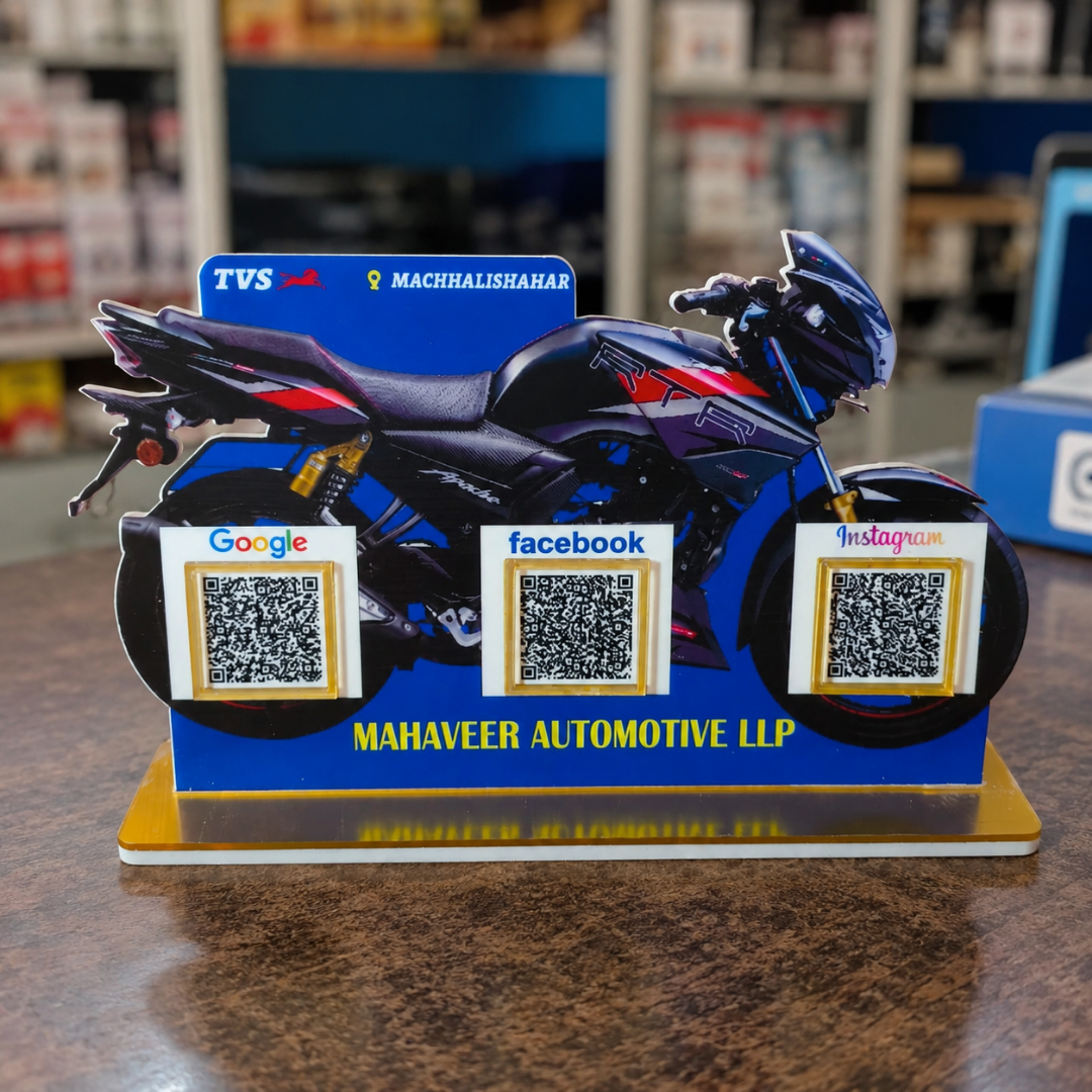 3 QR NFC Enabled Bike Shape Standee For Automobiles and Garage Shops and Car Showrooms