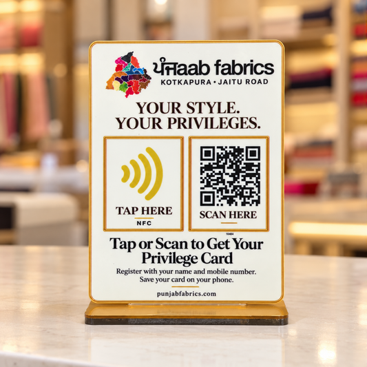 1 QR NFC Enabled Privilege Card Standee for Clothing & Fabric Stores