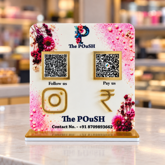 2 QR NFC Enabled Premium Pink Floral Acrylic Standee with Golden Icons for Boutique, Salon & Beauty Store