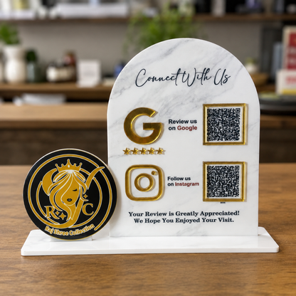 2 QR NFC Enabled White Color Curve Shape Standee with Circle Cut Out Logo
