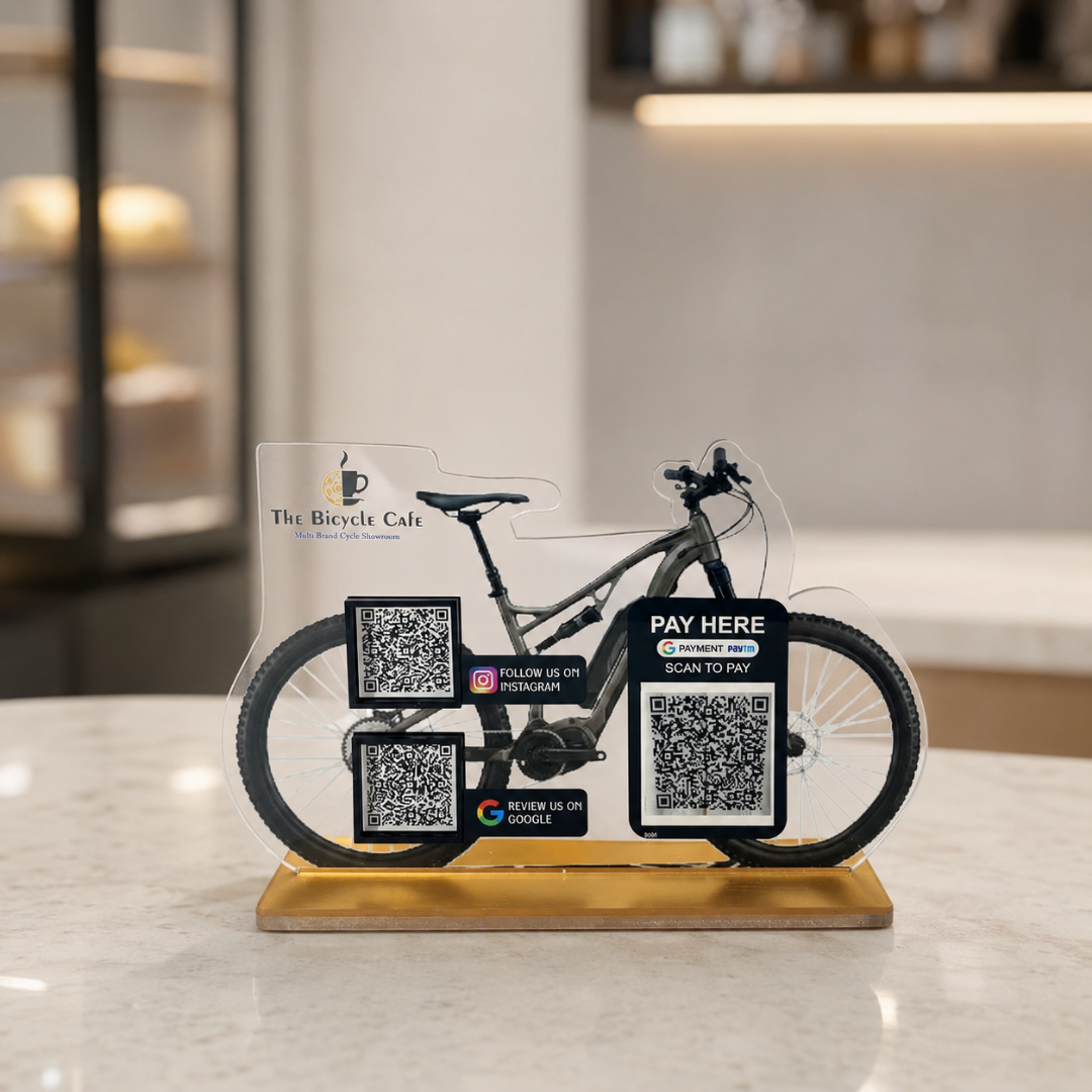 3 QR NFC Enabled Cycle Shape Standee For Automobiles Cycle Showroom Garage