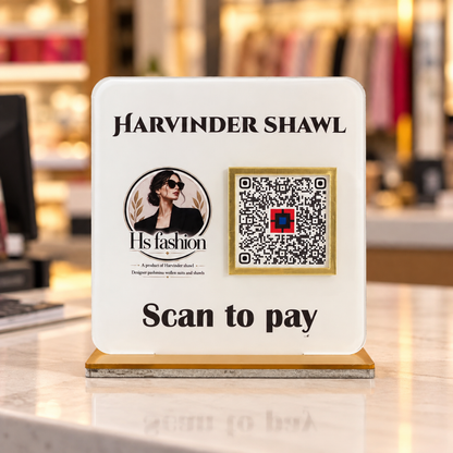 1 QR NFC Enabled Premium White Acrylic UPI Payment Standee with Golden QR Frame for Clothing Store & Boutique