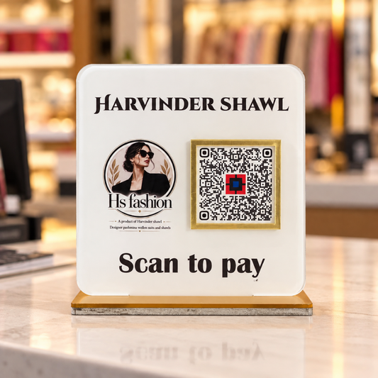 1 QR NFC Enabled Premium White Acrylic UPI Payment Standee with Golden QR Frame for Clothing Store & Boutique