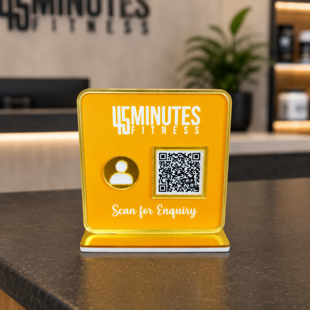 1 QR NFC Enabled Yellow Colour Standee For Gym and salons