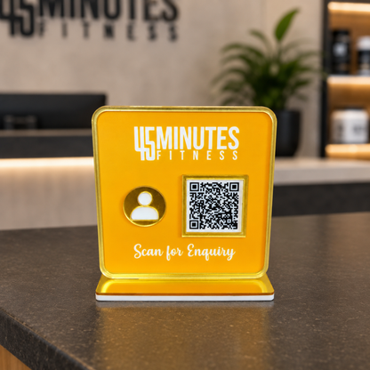 1 QR NFC Enabled Yellow Colour Standee For Gym and salons