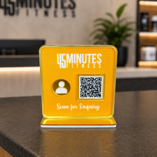 1 QR NFC Enabled Yellow Colour Standee For Gym and salons