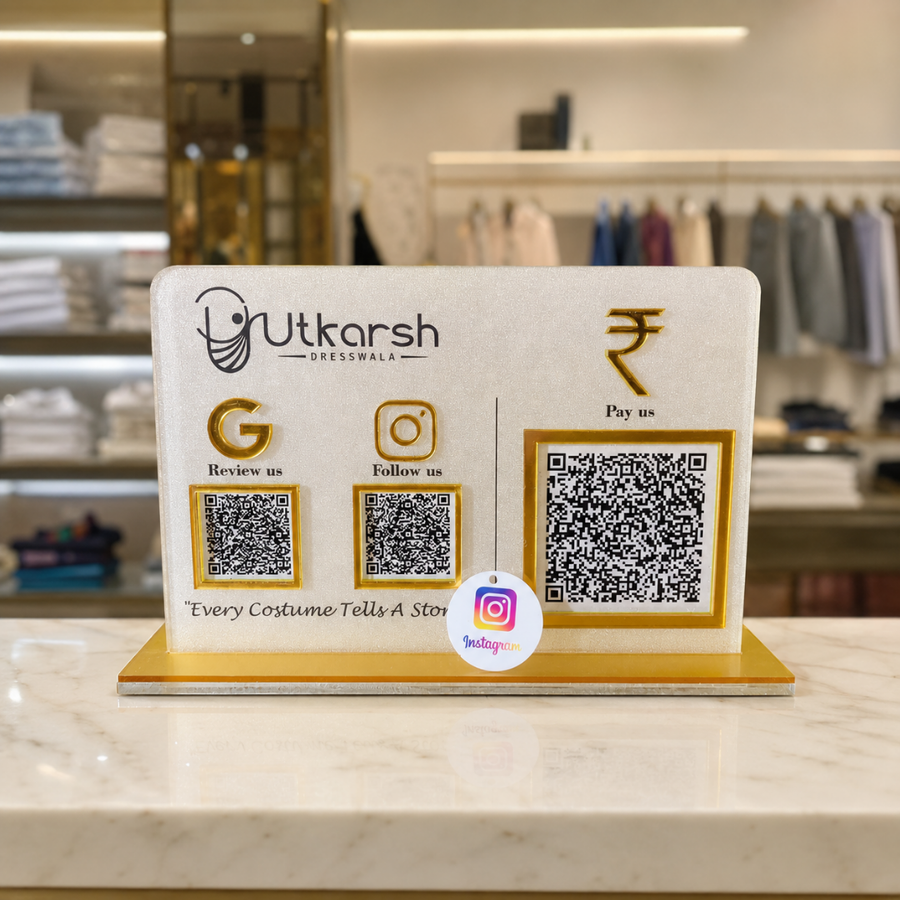 3 QR NFC Enabled Horizontal Standee with Instagram Keychain for Clothing Stores & Boutiques