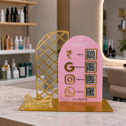 4 QR NFC Enabled Round Shape Pink Colour Standee With Card Holder For Cafe Jewellers Restaurent