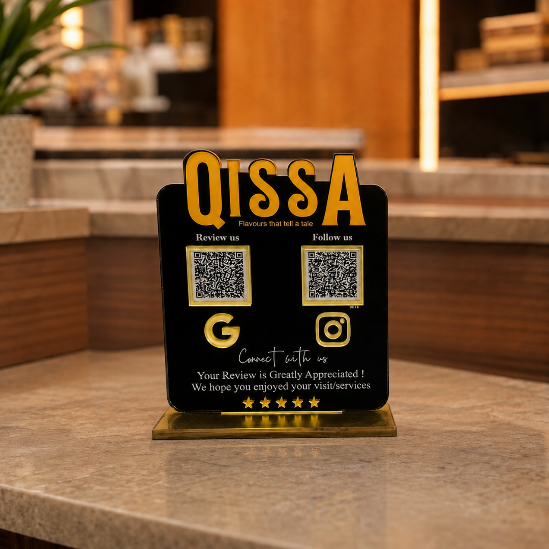 2 QR NFC Enabled Black Background Logo Cut Out Standee
