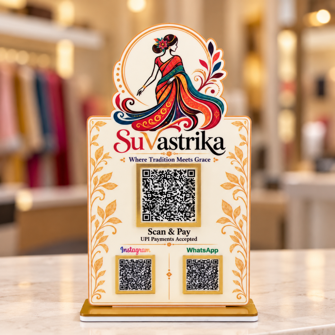 3 QR NFC Enabled Premium Saree Girl Cut-Out Acrylic Standee for Boutique, Saree Shop & Clothing Store