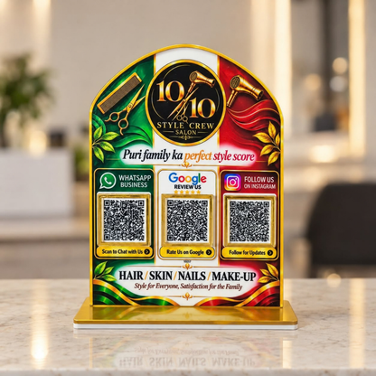 3 QR NFC Enabled Salon Standee with Scissor Comb & Hair Dryer Design