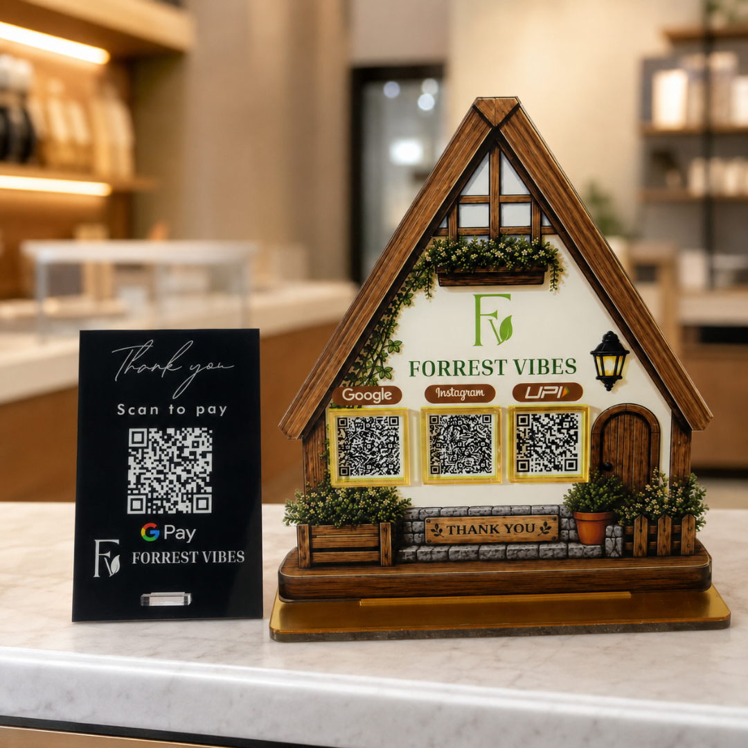 2 QR NFC Enabled House Shape With Google 1 Review Standee Bundle For Cafe Restaurent Stay Home